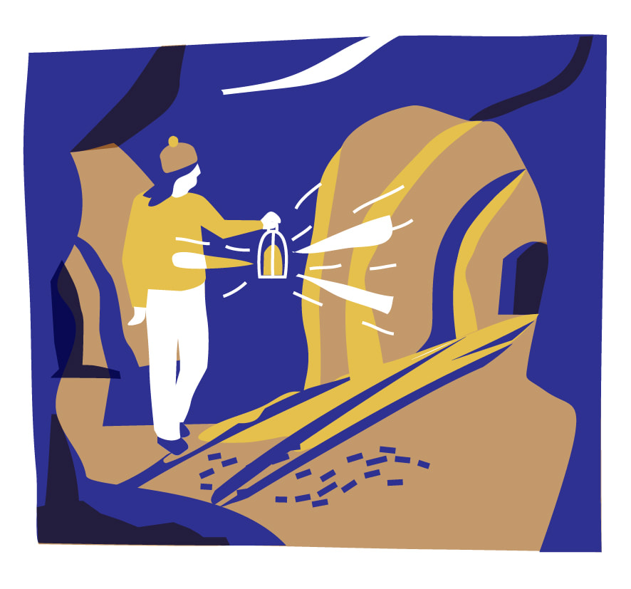 Spot illustration of a person exploring an underground cave with a lantern by Alex Higlett