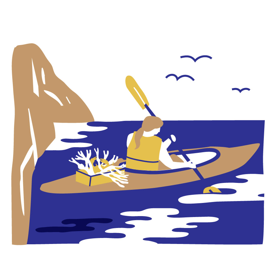 Spot illustration of a woman sea foraging in a kayak for seaweed by Alex Higlett