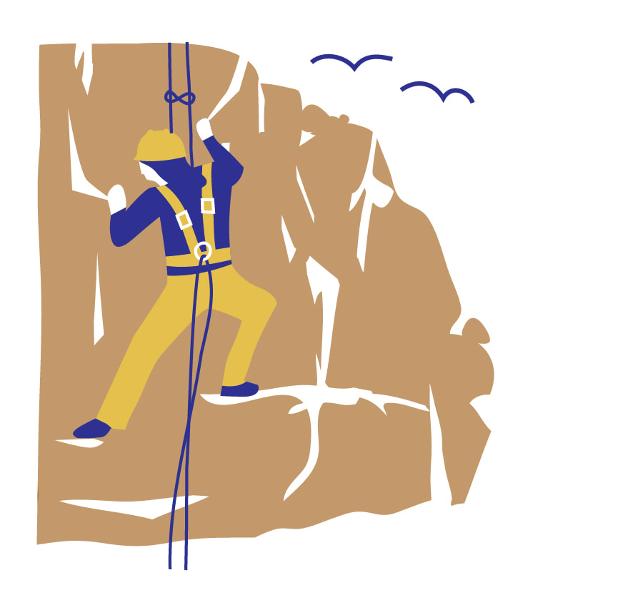 Spot illustration of a woman climbing a craggy rock by Alex Higlett