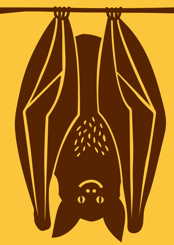 Fun illustration of a friendly bat character hanging upside down by Alex Higlett