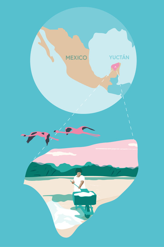 Illustration of Mexican woman collecting salt in Yuctan region Mexico by Alex Higlett