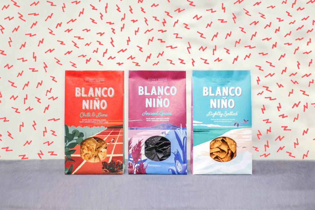 packaging illustration of various mexican landscapes for tortilla chip packs by alex higlett