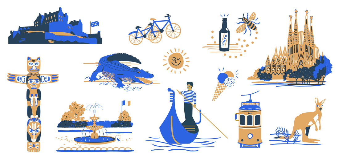 set of travel spot illustrations in two colours; edinburgh castle, a totem pole, paris waterfeature, crocodile, pair of bicycles, a gondola, vimto and manchester bee, ice cream, gaudi in barcelona, an australian kangaroo and a mallorca tram by alex higlett