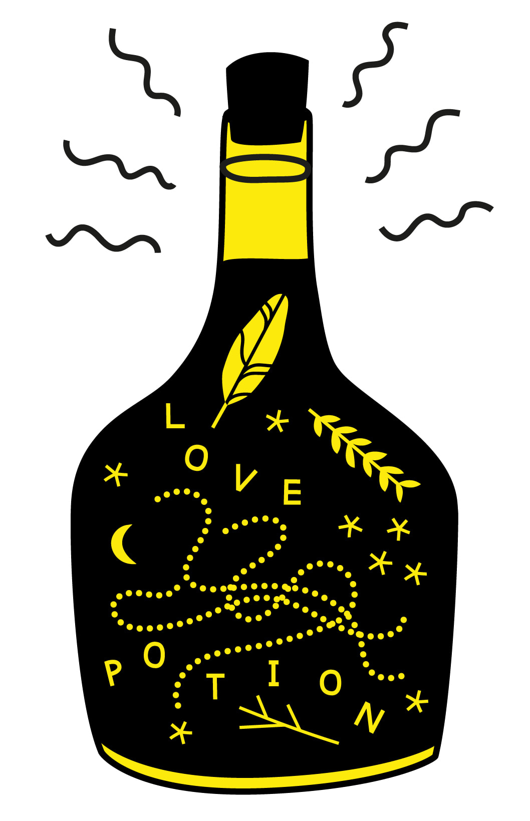 Illustration of a love potion in a bottle with feathers and herbs and magic by Alex Higlett
