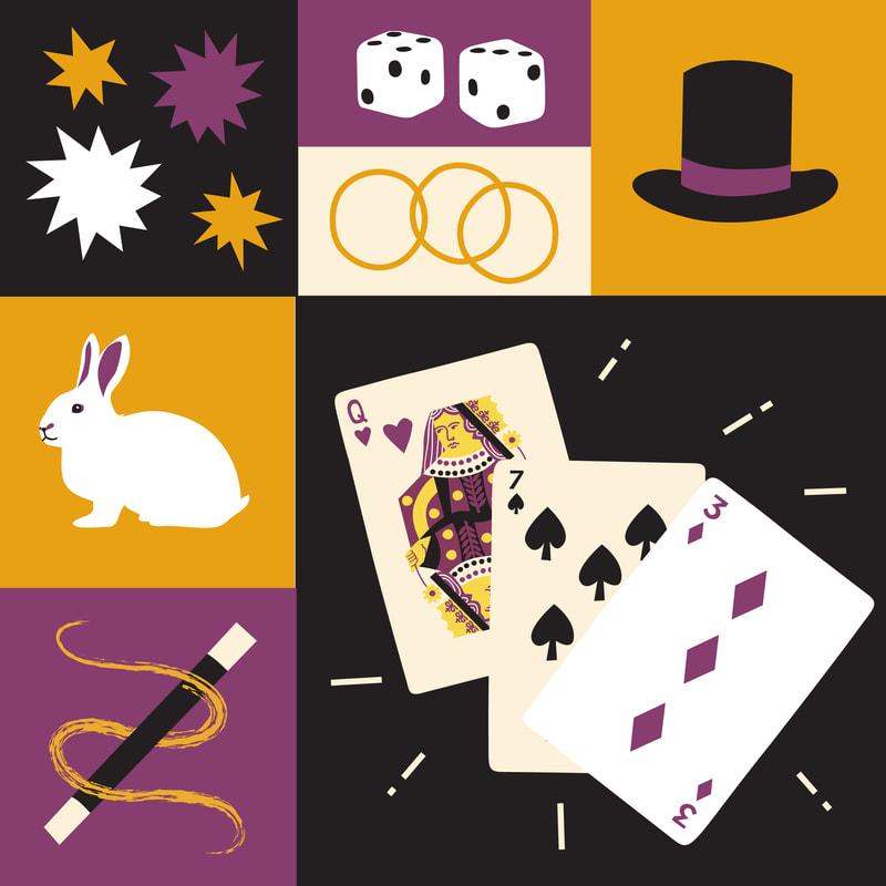 set of magic themes illustrations by alex higlett featuring stars, dice, magic rings, a magician's hat, a white rabbit, a wand and some playing cards