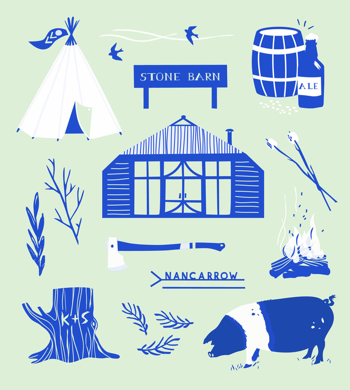 Set of illustrations in two colours for a celebration at Nancarrow Barn featuring a tipi, barrel of ale, stone barn, axe, tree stump with carved initials, a campfire, marshmallows toasting, woodland leaves and a saddleback pig - by Alex Higlett