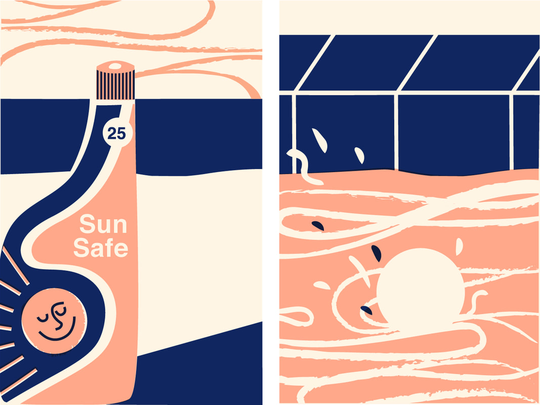 Sun Safe vintage lotion, Poolside; oil and water. Editorial illustration - Alex Higlett