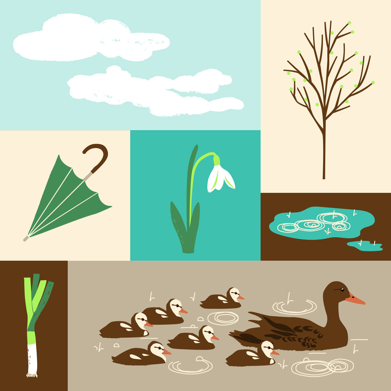 Set of spring themed illustrations by alex higlett featuring an umbrella, rain clouds, a snowdrop, a puddle, duck and ducklings and a leek