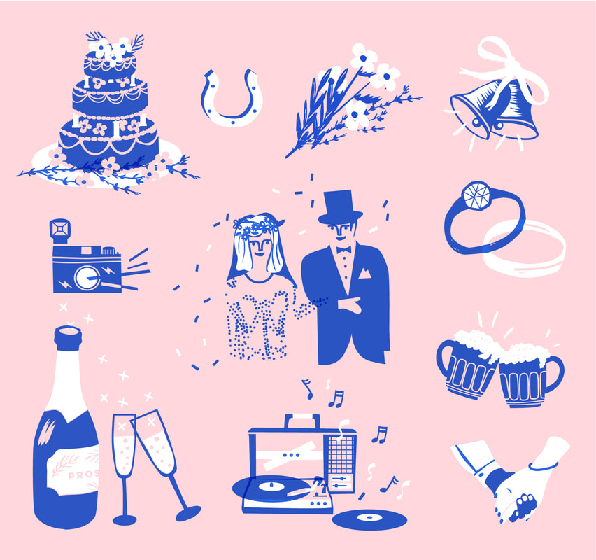 set of spot illustrations in blue and white for a wedding collection featuring wedding cake, the happy couple, lucky horseshoe, wedding bells, flowers, a camera, champagne, records, the happy couple, holding hands, wedding rings and clinking beers by Alex Higlett